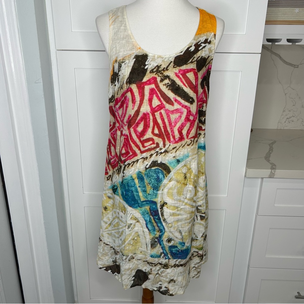 Adventures des Toiles Sleeveless muliticolor 100% Linen Lined Dress Size 38
